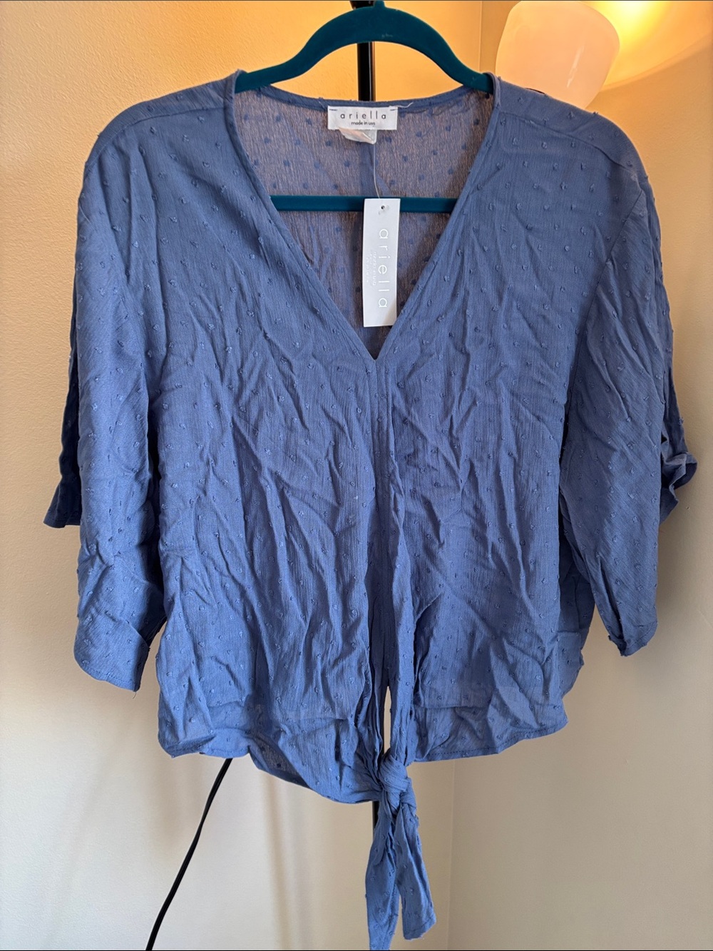 Ariella Dusty Blue Tie-Front V-Neck T-shirt Size Small